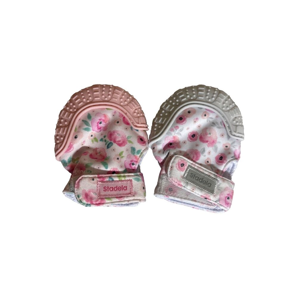 Stadela Munchy Mits 2 Piece Pink White Floral Baby Bundle Teething Lot 1033